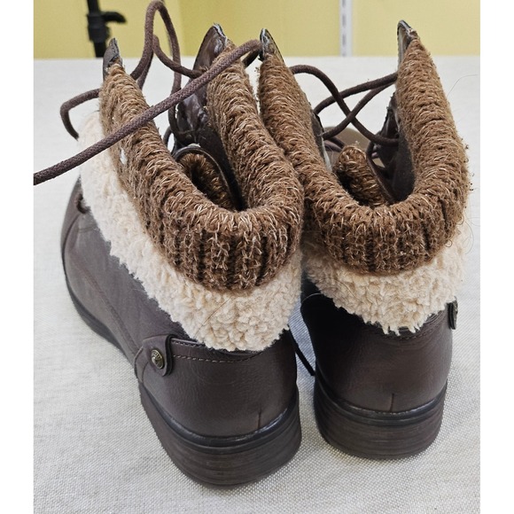 Womens Brown Faux Leather Lace Up Combat Boots w Faux Lambs Wool Knit Size 9 - Picture 4 of 7